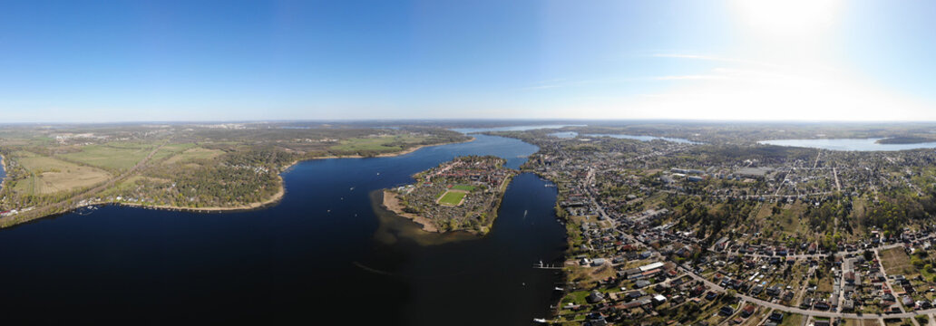 Aerial view of Werder City island in the River Havel with the town's oldest quarter. The Werder town municipal area stretches along the banks of the Havel river.
