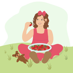 Beautiful little girl with strawberries. A child sitting in a meadow with strawberries and a teddy bear. Vector illustration for design.