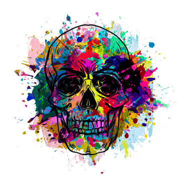 Skull logo with colorful abstract splatters 