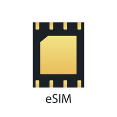 eSIM embedded SIM card icon concept. Embedded sim. Electronics telecommunication cellphone esim chip, new gsm phone mobile network sim card vector illustration.