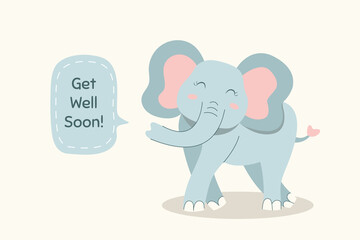 Get well soon quote and cute elephant in flat design