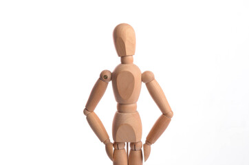 Wooden figure mannequin posing in action isolated on white background.
