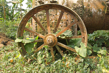 Detail of a metal wheel in a old abandoned machine of colonial time in ancient agricultural farm of Roça Sundy, in the northwest of the island of Príncipe, São Tomé and Príncipe