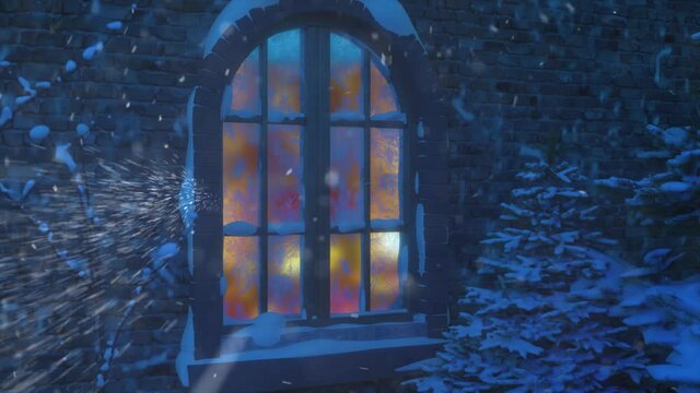 4K Winter village cottage landscape. Snow forest. Christmas tree. Snowfall. Winter vacation. Move to the luminous window through snowy branches and swirl winds. Chrome key. Merry Christmas! 3d render