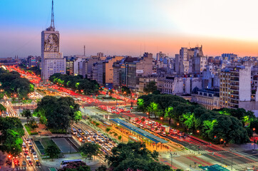 Aerial view of Buenos Aires, at Twilight, along 9 of July Avenue. 