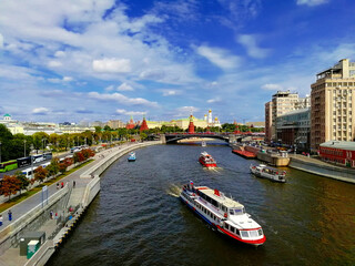 river boats on the Moscow river against the background of the Kremlin