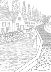 Coloring book for adults with cute european village with small houses, a bridge and a river - 353674707