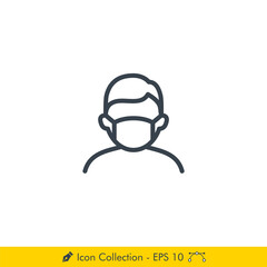 Face Mask Man Icon / Vector - In Line / Stroke Design