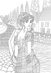 Coloring book for adults with beautiful princess dressed in historical outfit in the empire style standing in the cute european village - 353675374