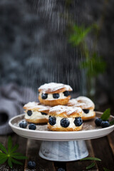 Cream puff rings (choux pastry) decorated with fresh blueberries