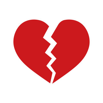 Red heartbreak or broken heart or divorce flat vector icon isolated on white background.