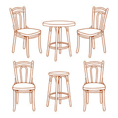 Vintage wooden chairs. Hand drawn retro style chairs and round table vector illustrations set. 