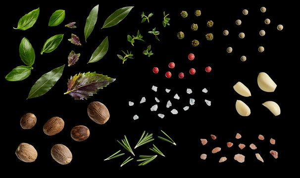Herbs and spices isolated on black background. Basil leaves, nuts, rosemary, thyme, white and pink salt, pepper and garlic               
