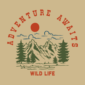 Adventure awaits. Vintage design with mountains, camping tent, campfire, and forest silhouettes. For poster, banner, emblem, sign, logo.