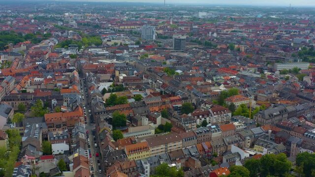 Aerial view of the city Fürth in Germany, Bavaria on a sunny spring day during the coronavirus lockdown.