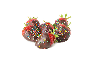 Chocolate fondue. Strawberry in chocolate isolated on white background