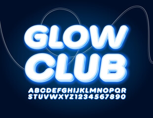 Vector electric sign Glow Club with Blue Neon Font. Illuminated Alphabet Letters and Numbers
