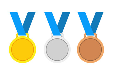 Vector award medals set golden, silver and bronze with blue ribbon isolated on white background. Winner medal with blue ribbon icon. Championship award. Achievement victory concept. 