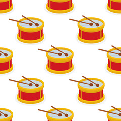 Toy drum seamless background. Cartoon style drum drawing endless vector pattern. Baby musical background seamless concept. Part of set.