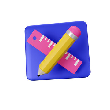 Pencil and ruler icon. Drawing, web and graphic design. 3d render