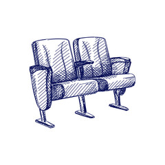 Hand-drawn sketch of two cinema seats on a white background. Going to the cinema. Watching a movie.
- 353679507