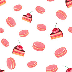Pastry watercolor pattern.  Сonfectionery elements isolated on white.  Hand drawn biscuits and cakes.