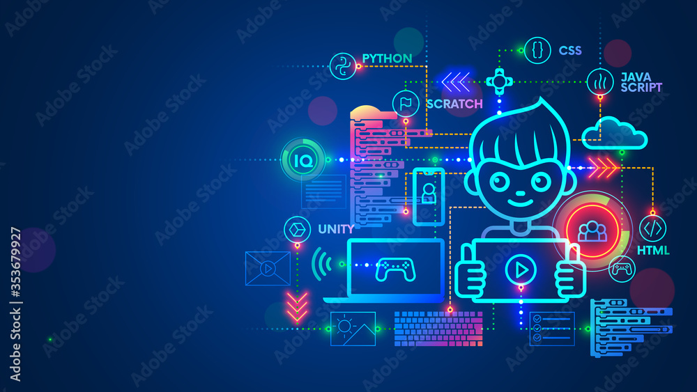 Fototapete Kid programmer learn coding on computer, tablet or phone. Child create code or program of game on programming languages. Online remote internet learning. Video lessons. Modern education technology.