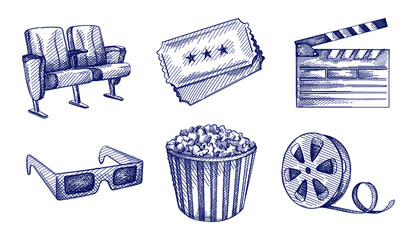 Hand-drawn sketch set of Cinema industry. Going to the cinema. Watching a movie. 3d glasses, two cinema seats, film tape, Clapperboard, two movie tickets, large popcorn cup	
