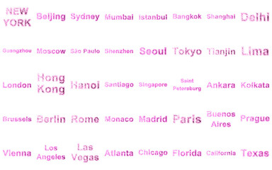 Collection of names of the cities and some states. Illustration.