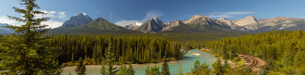 Morants Curve where the Canadian Pacific Railway runs along the stunning Bow River with the...