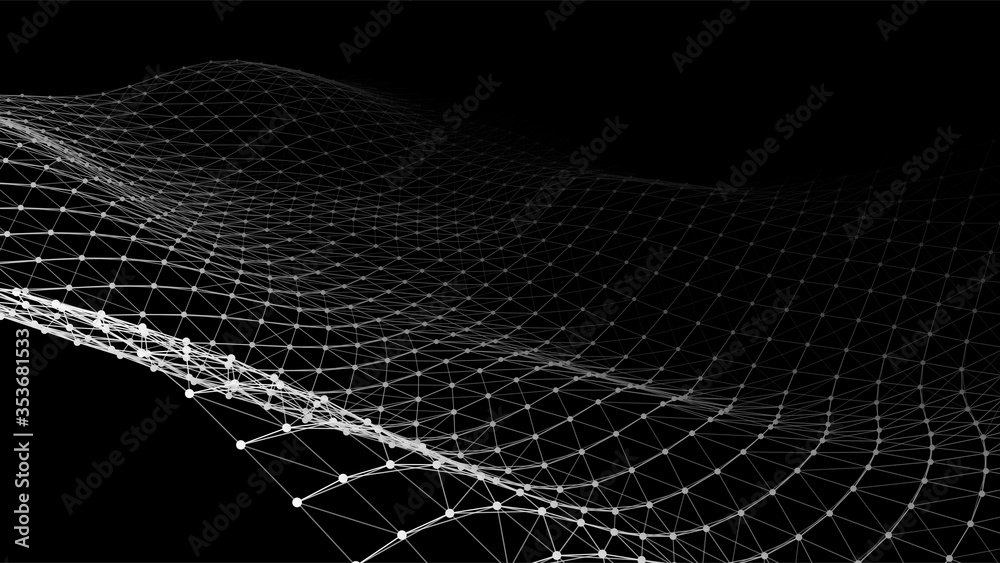 Poster Low poly shape with connecting dots and lines on dark background.Abstract polygonal space dark background with connecting dots and lines. Vector illustration. Big data visualization.
