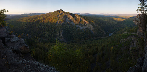 Fototapeta na wymiar Mountain landscape. South Urals at sunset. The view from the top. Russia.