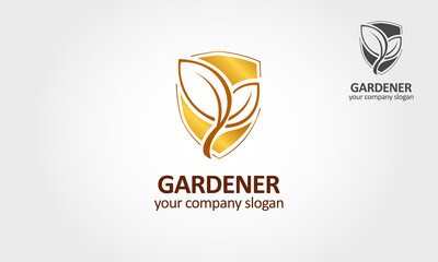 Gardener Vector Logo Template. Illustration of leaves on a gold shield background. This logo be used for landscape, gardening business, but also in fields related to nature.