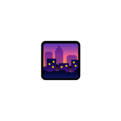 Cityscape At Dusk Vector Icon. Isolated City Cartoon Style Emoji, Emoticon  Illustration	