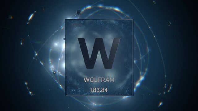 Tungsten as Element 74 of the Periodic Table. Seamlessly looping 3D animation on blue illuminated atom design background orbiting electrons name, atomic weight element number in German language
