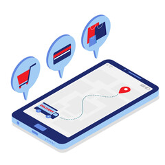 Online shopping and delivery. Isometric style phone on which tracker tracks orders and icons with purchase symbols.
Vector isometric illustration.