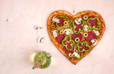 Obraz na płótnie Canvas pizza, heart pizza, Valentine's day pizza, top view
