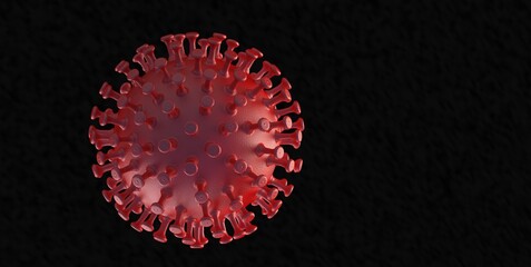 Covid-19 pandemic concept. Abstract 3D illustration. Coronavirus outbreak and influenza in 2020. 3d virus on black background, copy space.