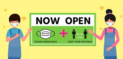Restart business concept,now open after outbreak,vector illustration of small business owner welcoming customers,information re-opening of shop,service,cafe,restaurant,barber shop are working again