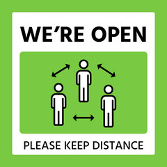 Restart business concept,we're open,after outbreak,vector illustration of small business owner,welcoming customers,information re-opening of shop,service,cafe,restaurant,barber shop,social distancing