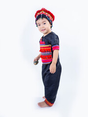 Hmong children little boy wearing traditional dress on white background