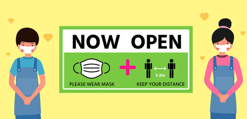 Restart business concept,now open after outbreak,vector illustration of small business owner welcoming customers,information re-opening of shop,service,cafe,restaurant,barber shop are working again