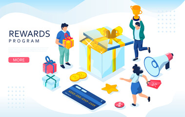 Online rewards isometric concept. Web retail customers, gift boxes and bonus card.  Concept of loyalty program, bonus or reward.