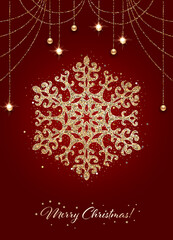 Sparkling stylized golden snowflake on dark red background. Design element for greeting card, invitation or poster