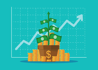 Pile coins and money tree with growing economic graph. Concept for financial growth - Vector and illustration 