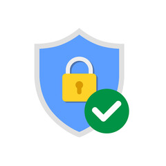 Vector blue shield with padlock icon and check mark design isolated on white background.