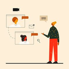 Online conference concept. Business characters talking online. Coworkers working together concept. Video chatting concept. Video conference vector. Flat illustration in modern colorful style.
