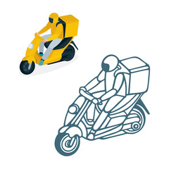 Delivery service courier. Takeaway delivery boy on scooter with thermal food case. Isometric vector illustration. Top and side view. Part of set.