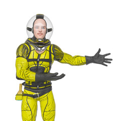 retro space astronaut is introducing someone