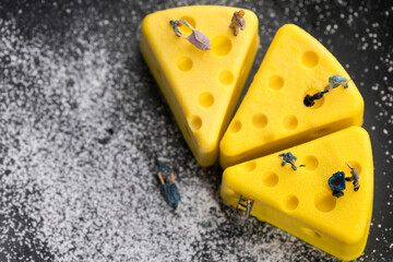 A tiny worker model is working on a cheesecake. model the worker, miniature company employee , employer figure.